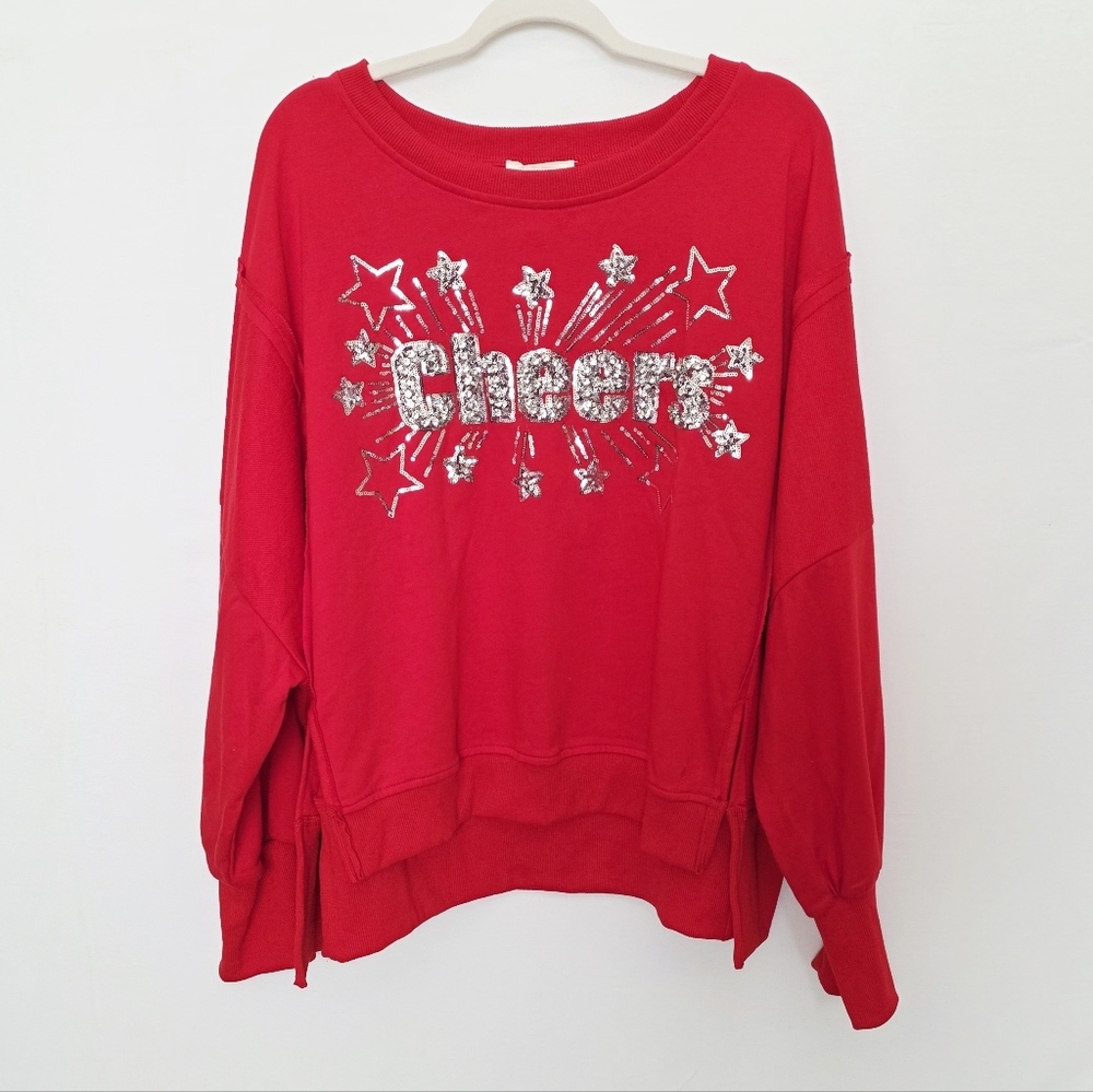 Fantastic Fawn Embellished Sequin 3D Cheers Festive Oversized Red Sweatshirt L